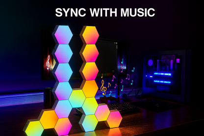 Hexagonal RGB LED wall lights reacting to music with audio-sync lighting effects.