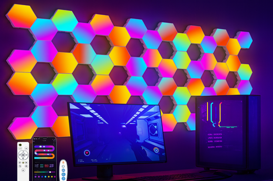 RGB hexagon wall lights arranged in a modular pattern with vibrant multicolor glow.