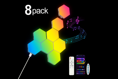 8-pack RGB hexagon LED wall light panels with modular design and multicolor effects.