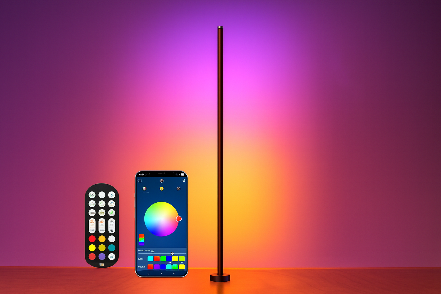 Single RGB corner lamp with remote and mobile app showing adjustable color wheel.