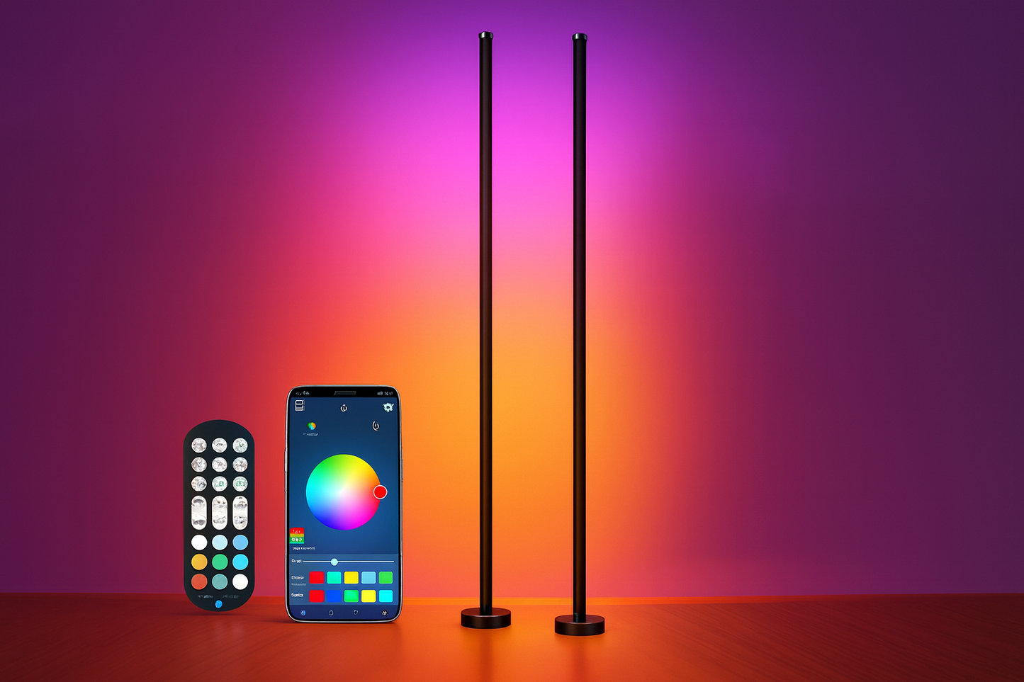Two RGB corner lamps with smartphone app and remote displayed on colorful background.