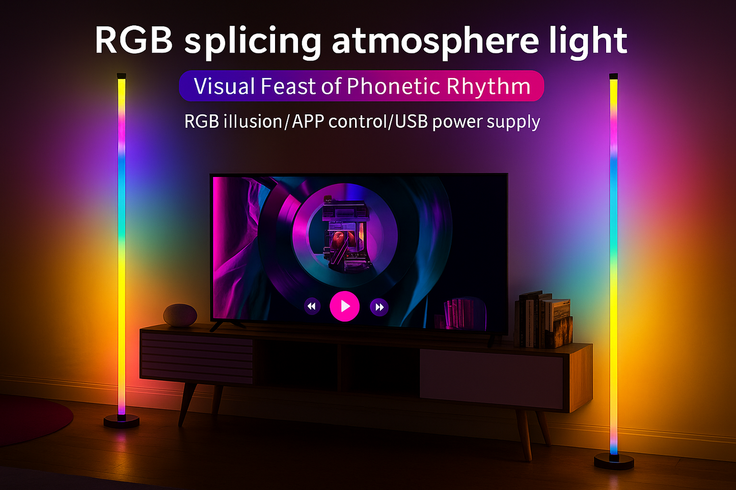 RGB splicing atmosphere light in living room with dual corner lamps and colorful ambient lighting.