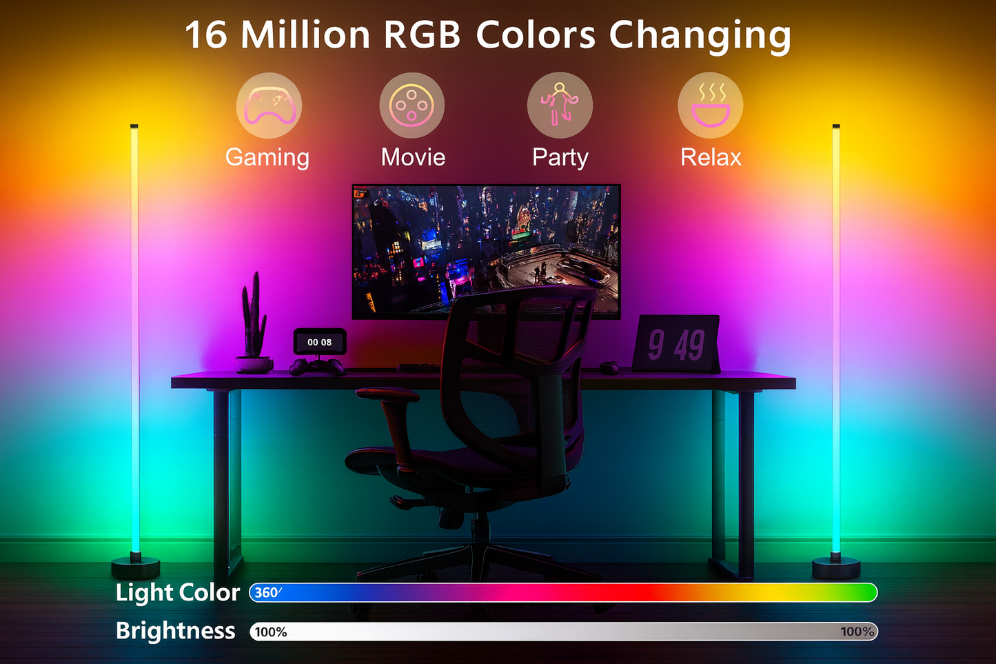 RGB corner lamp behind gaming desk setup showing 16 million colors with gaming, movie, party and relax icons.