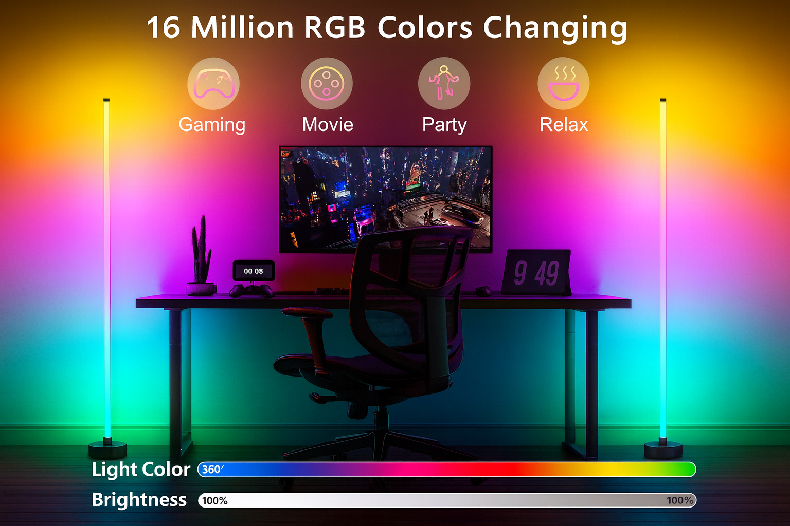 RGB corner lamp behind gaming desk setup showing 16 million colors with gaming, movie, party and relax icons.