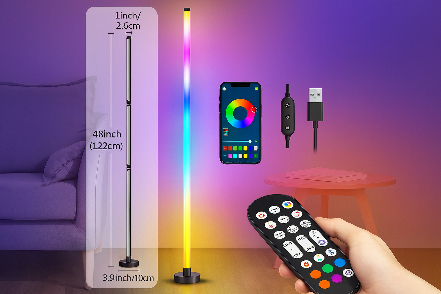 Corner floor lamp size chart with height 48 inches, thickness 1 inch, USB controller and remote.