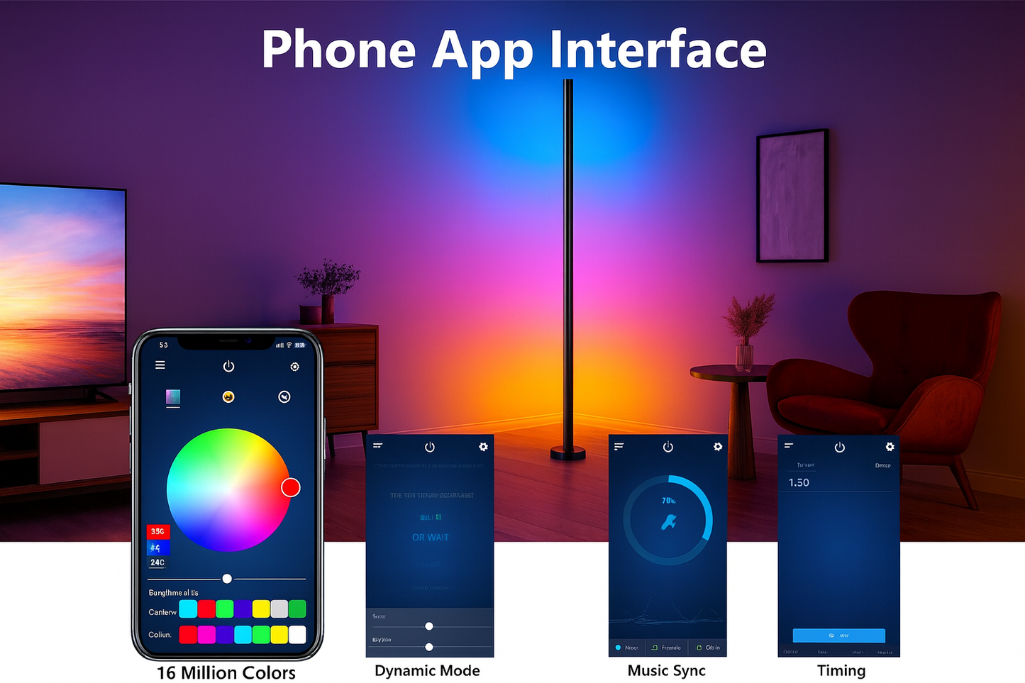 Phone app interface for RGB corner lamp showing color wheel, dynamic mode, music sync and timing settings.