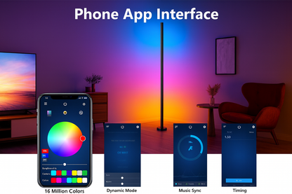 Phone app interface for RGB corner lamp showing color wheel, dynamic mode, music sync and timing settings.