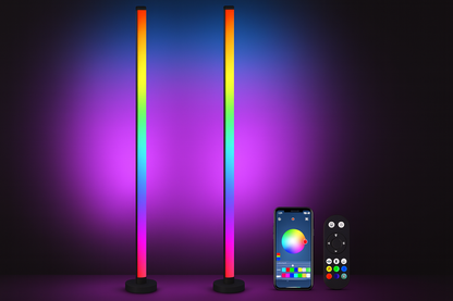RGB corner floor lamp with vivid gradient colors, smartphone app control and remote on dark background.