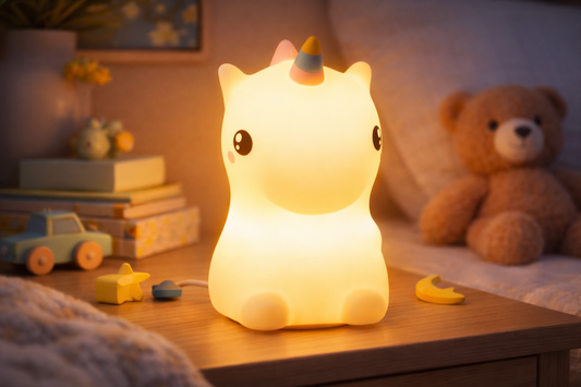 Color-changing silicone unicorn night light glowing warm light on a bedside table
