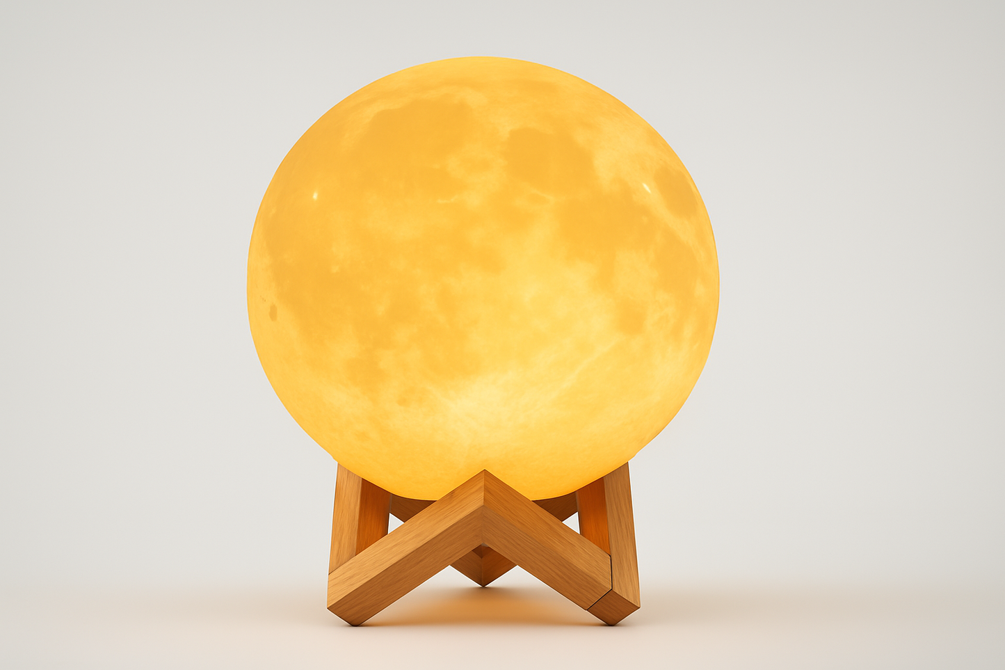 3D printed moon lamp on wooden stand glowing warm yellow
