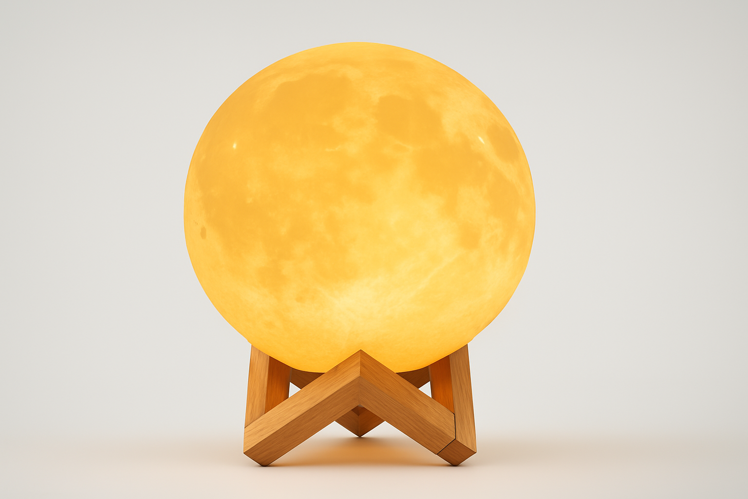 3D printed moon lamp on wooden stand glowing warm yellow