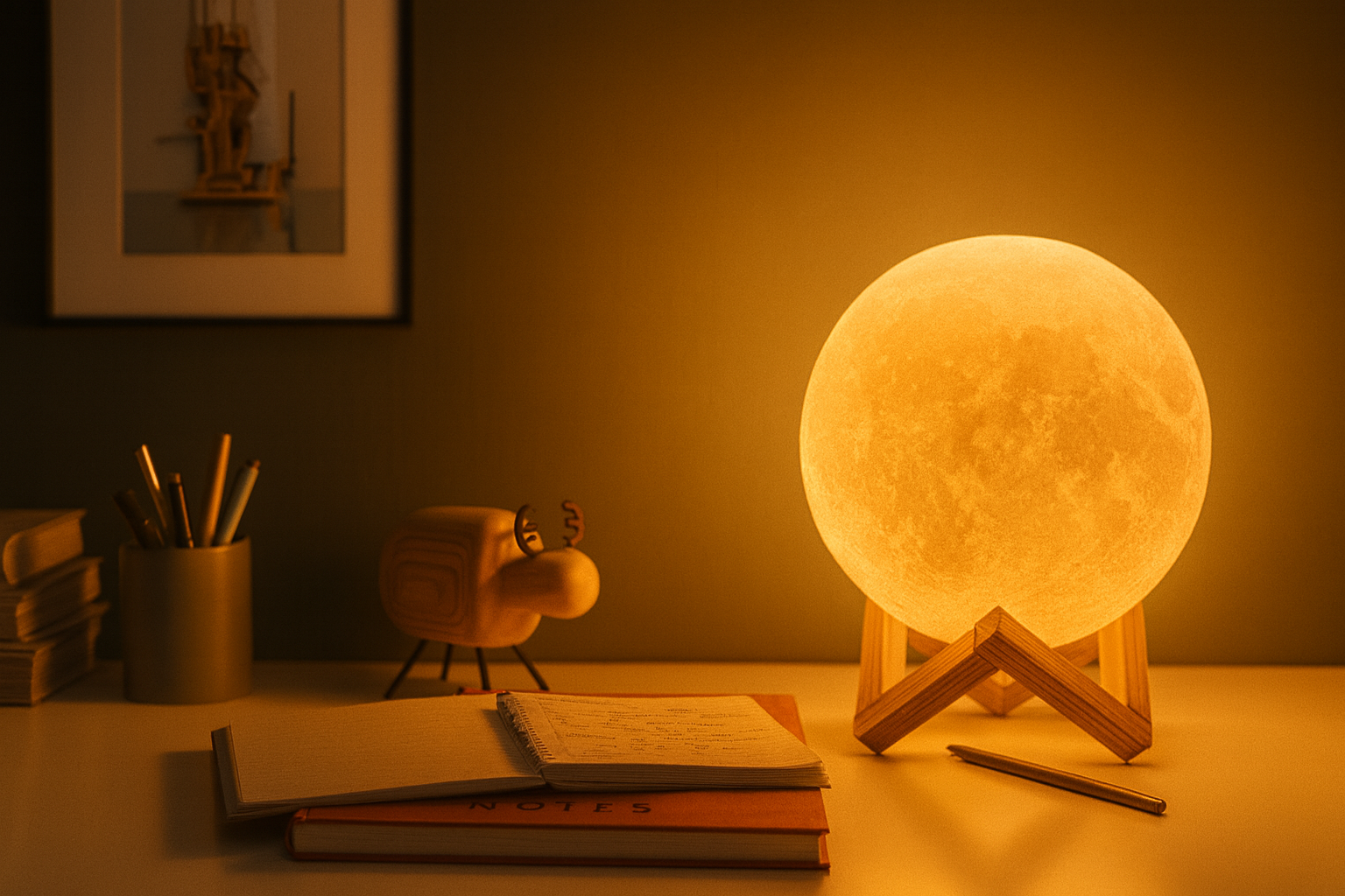 Moon lamp on desk emitting warm ambient light