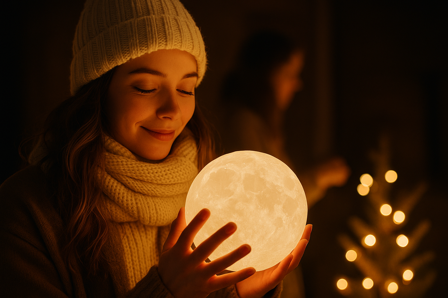 Girl holding glowing 3D moon lamp in cozy setting