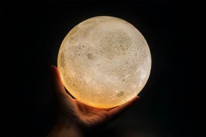 Close-up of textured moon lamp surface glowing softly