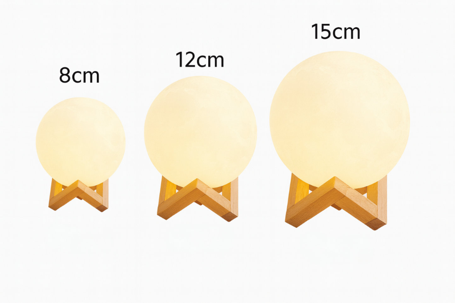 Moon lamp size chart showing 8cm 12cm and 15cm options on wooden stands
