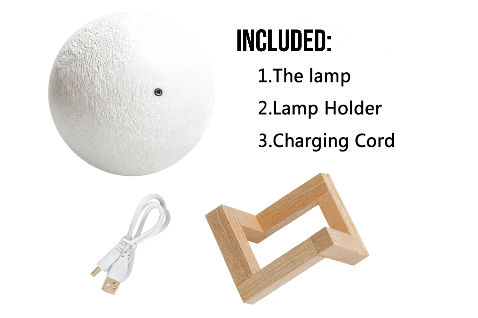 Moon lamp package contents including lamp stand cable and user guide