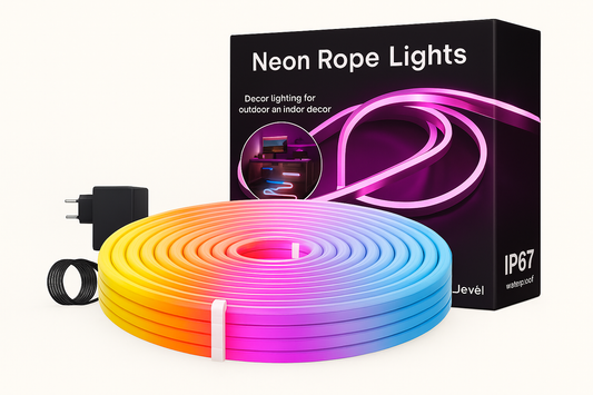 RGB LED Neon Rope Light with 24V power supply, waterproof IP67, and colorful lighting shown coiled next to product box.