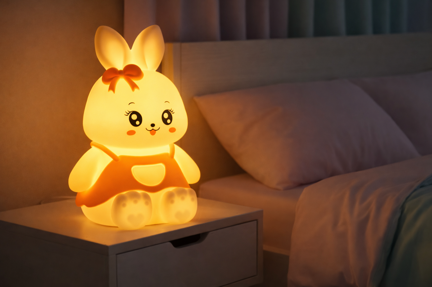 Color-changing silicone bunny night light glowing warm yellow in a bedroom setting