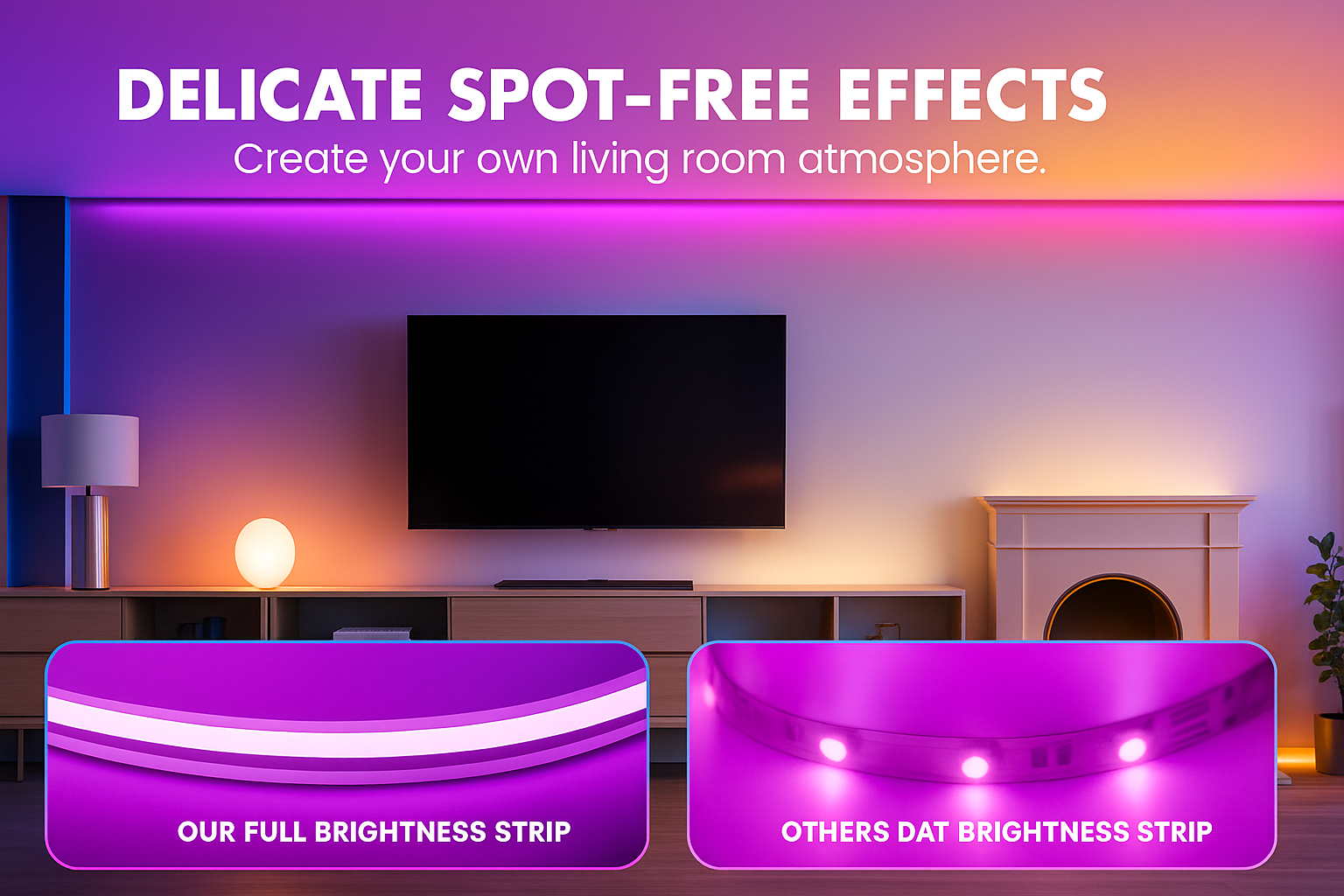 LED neon rope light showing delicate spot-free lighting effects in a modern living room with brightness comparison.