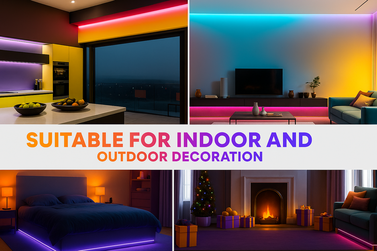 RGB neon rope lights used in kitchen, living room, bedroom, and holiday fireplace scenes for indoor and outdoor decoration.