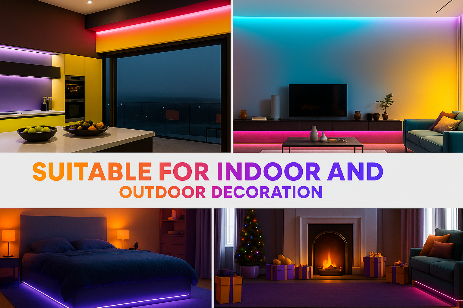 RGB neon rope lights used in kitchen, living room, bedroom, and holiday fireplace scenes for indoor and outdoor decoration.