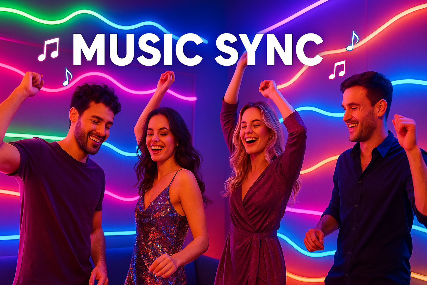 Group of people dancing with RGB neon rope lights synced to music, demonstrating music-responsive lighting mode.