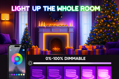 RGB LED neon rope light installed around fireplace with dimmable brightness range from 0% to 100%.