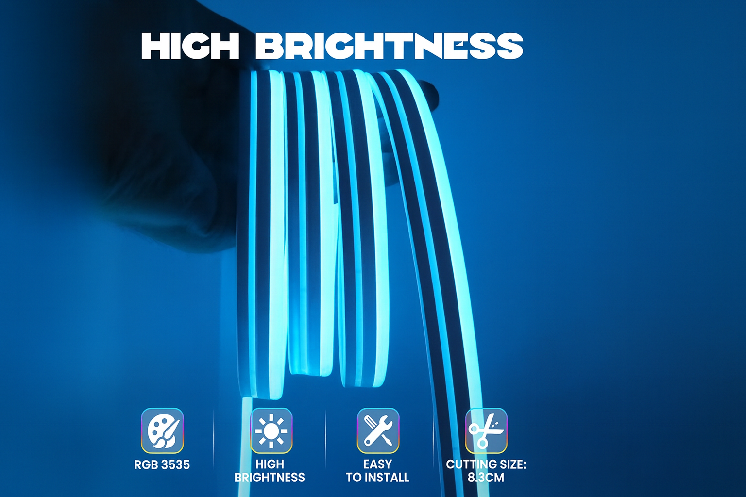 Close-up of RGB neon rope light showing high brightness uniform glow in side-lit design.