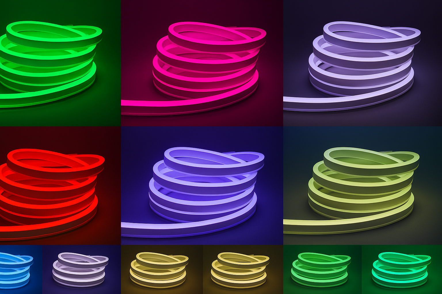Grid of neon rope light coils displaying multiple RGB lighting colors including red, green, blue, and purple.