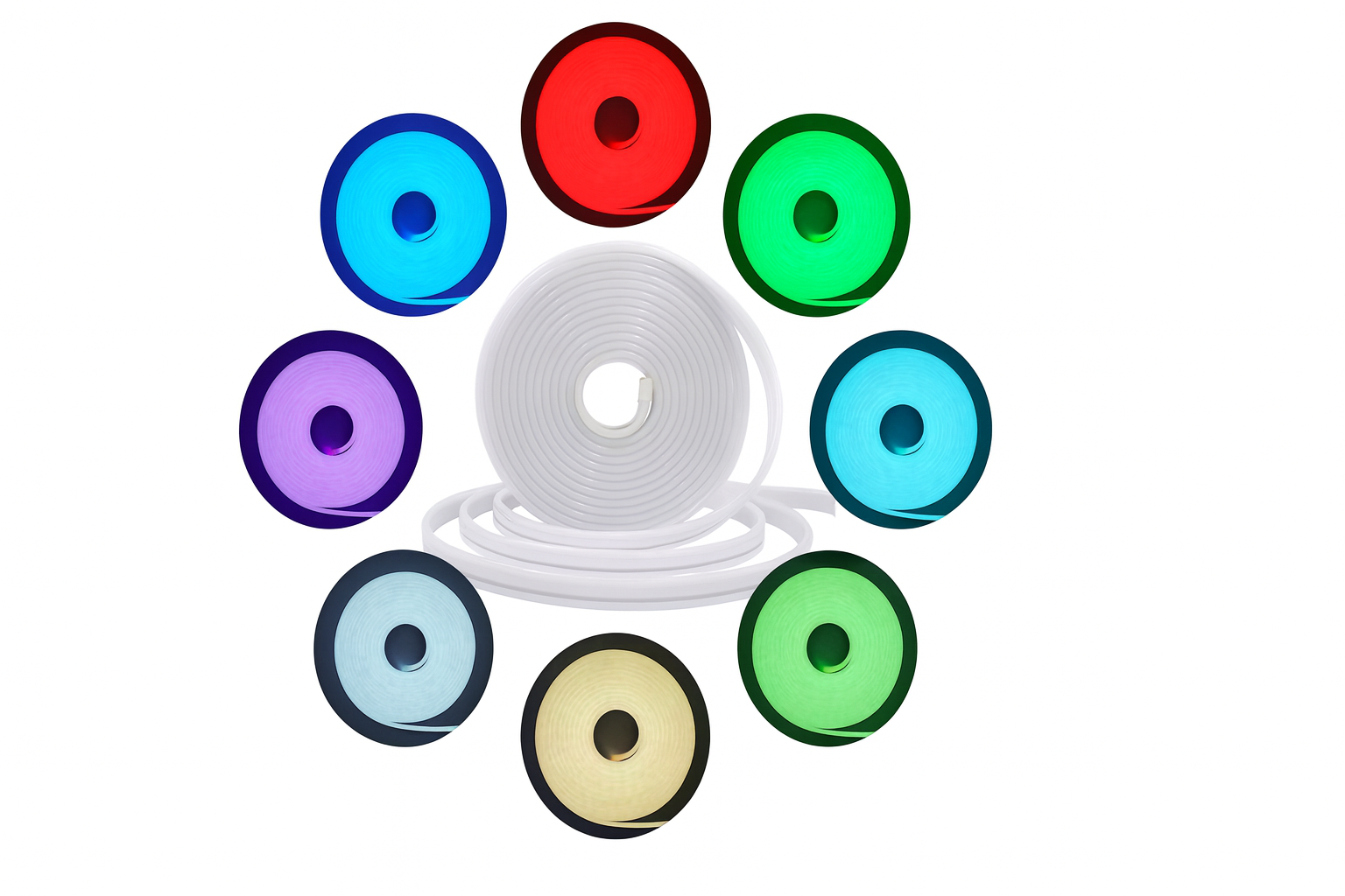 Circular arrangement of LED neon rope light color samples surrounding a central white strip coil.