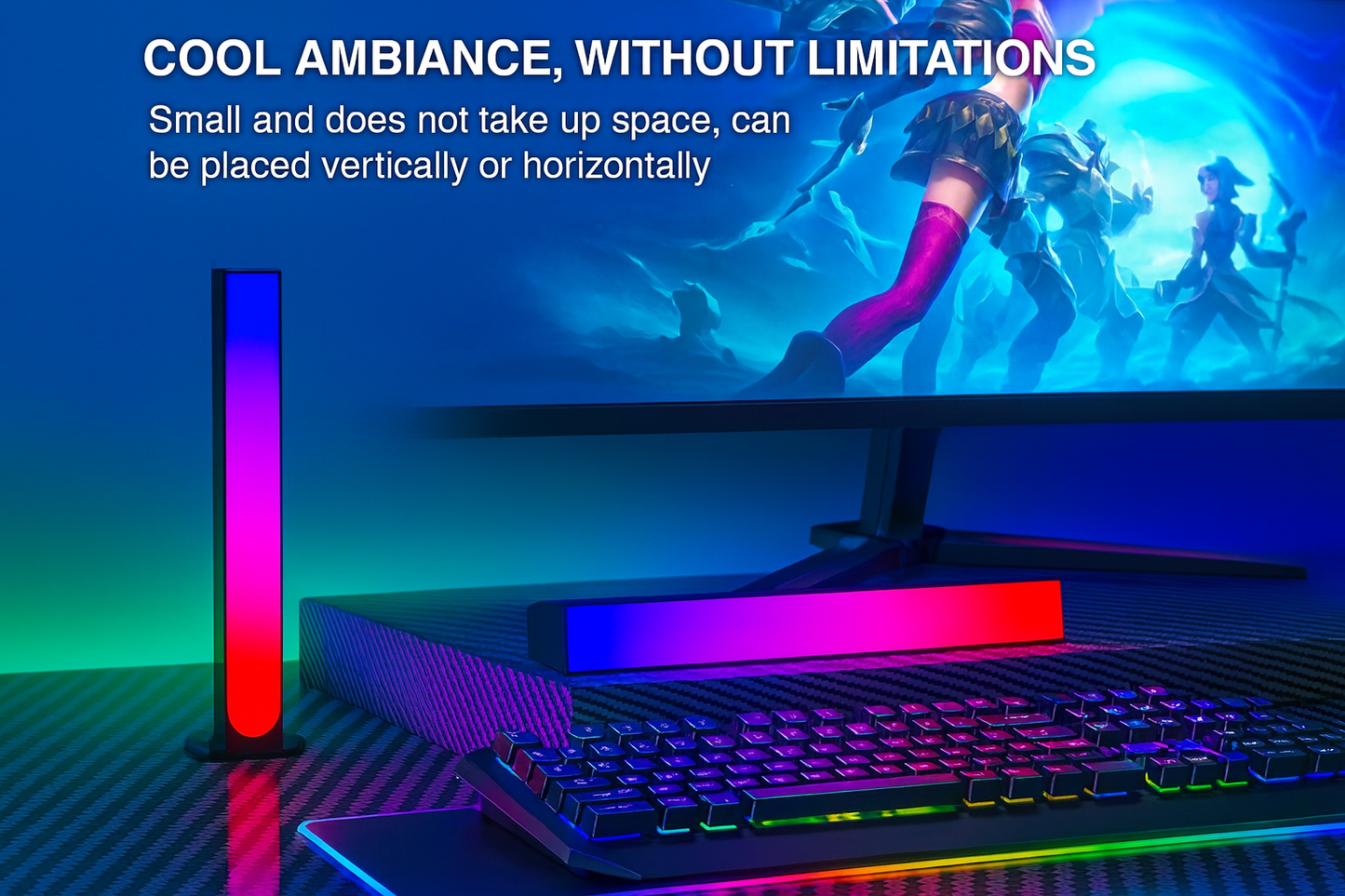 RGB ambient light bars on gaming desk creating colorful atmosphere beside monitor