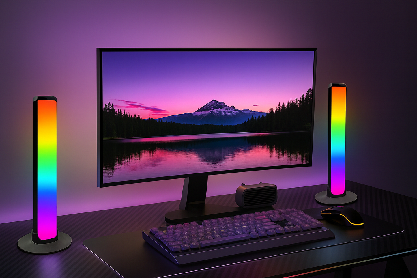 LED RGB light bars on desk providing ambient backlighting for computer monitor