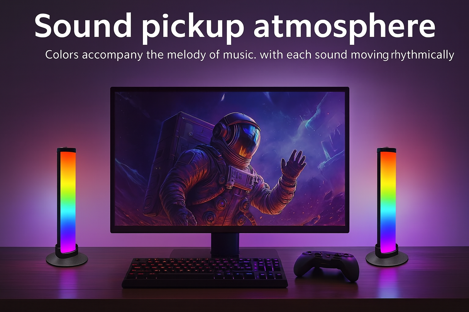 RGB light bars with sound-reactive mode illuminating computer desk setup