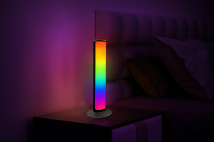 RGB ambient light bar on bedroom nightstand creating soft gradient lighting