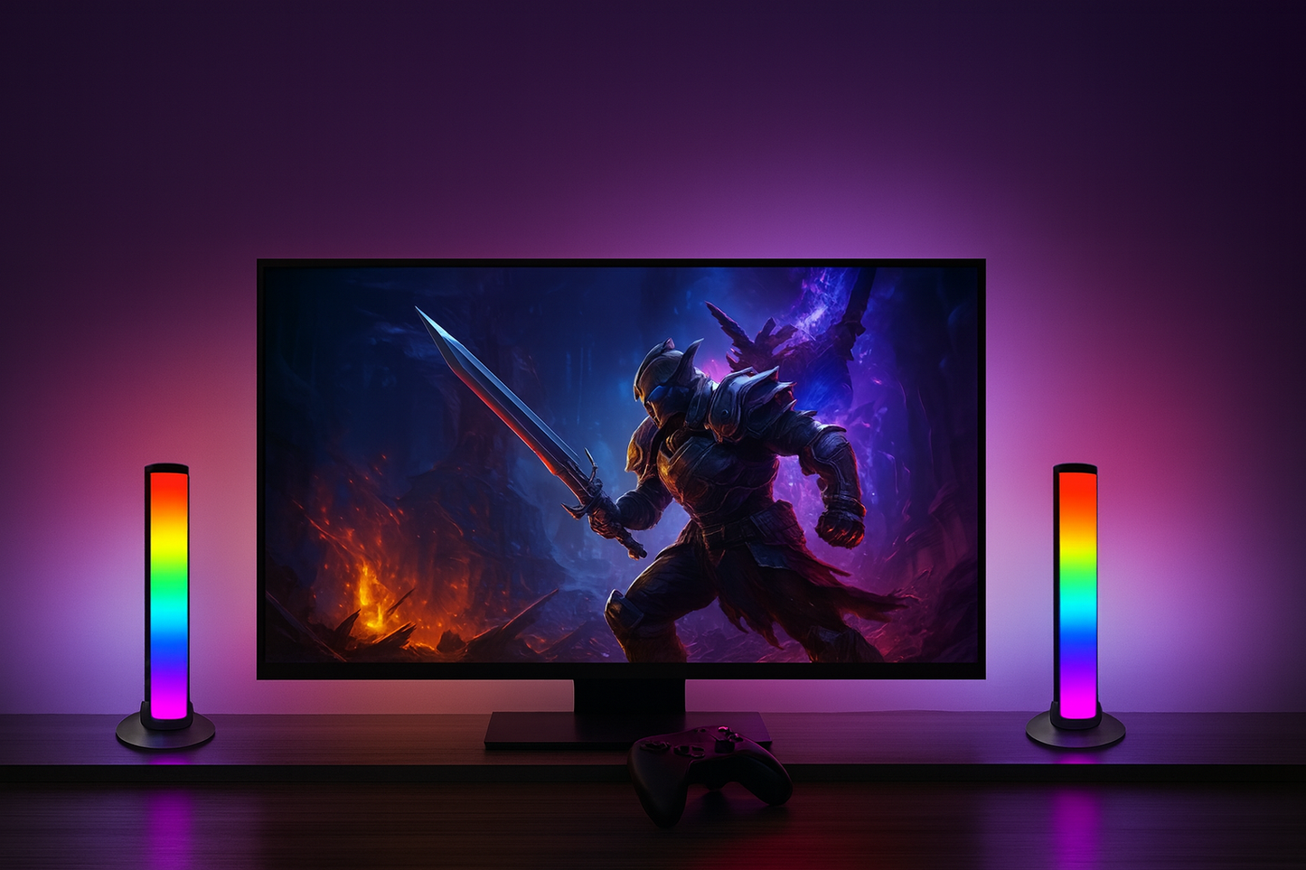 RGB smart light bars placed next to TV creating gaming room ambient lighting