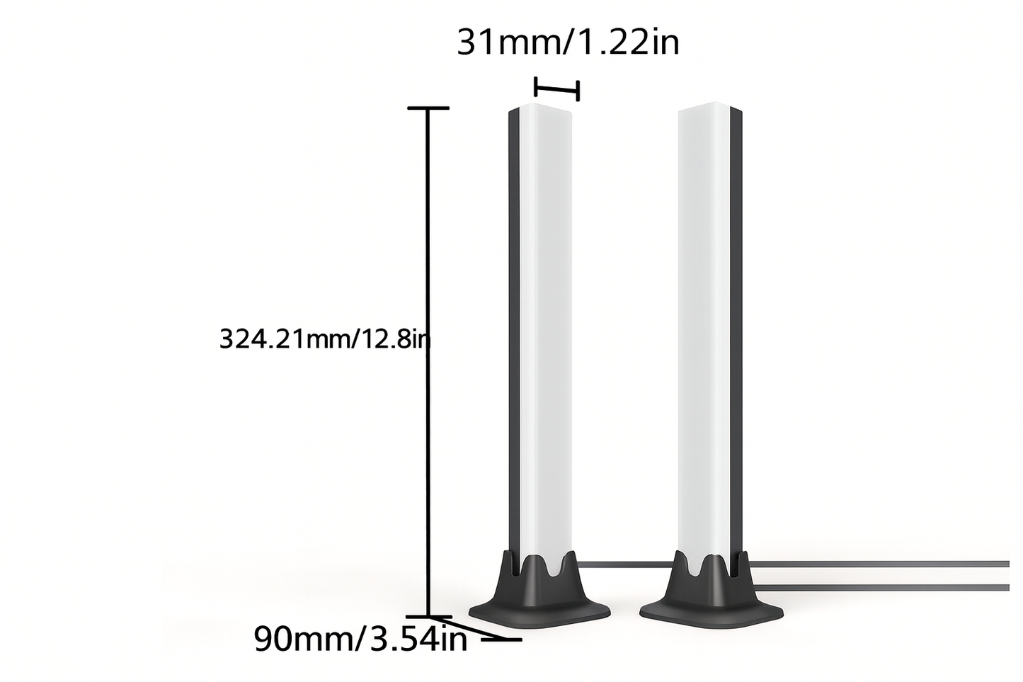 Dimensions of RGB ambient light bars including height, width and base size