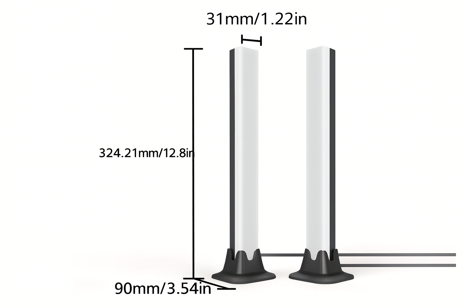 Dimensions of RGB ambient light bars including height, width and base size