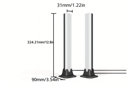 Dimensions of RGB ambient light bars including height, width and base size