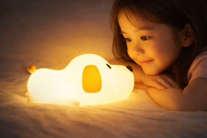 Soft silicone color-changing night light glowing warm yellow next to a child in bed