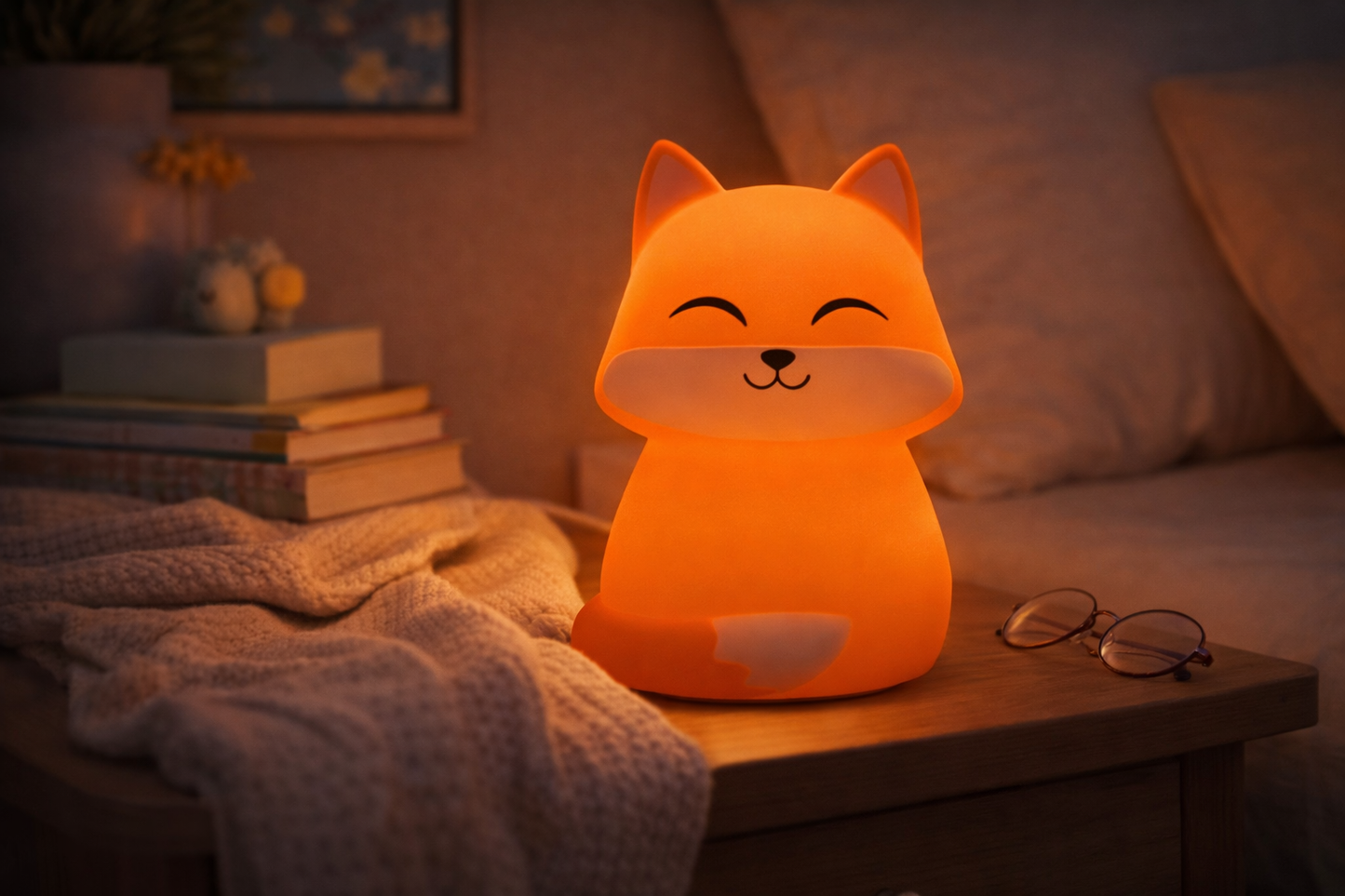 Color-changing silicone fox night light glowing warm orange in a cozy bedroom