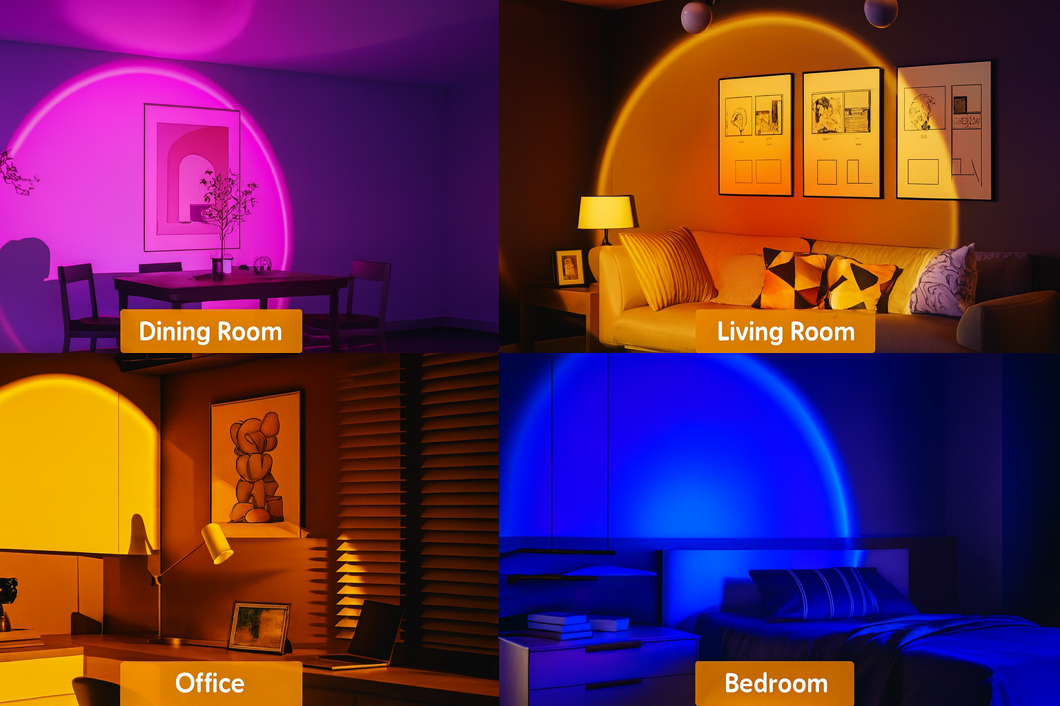 RGB sunset lamp lighting examples in dining room, living room, office, and bedroom.