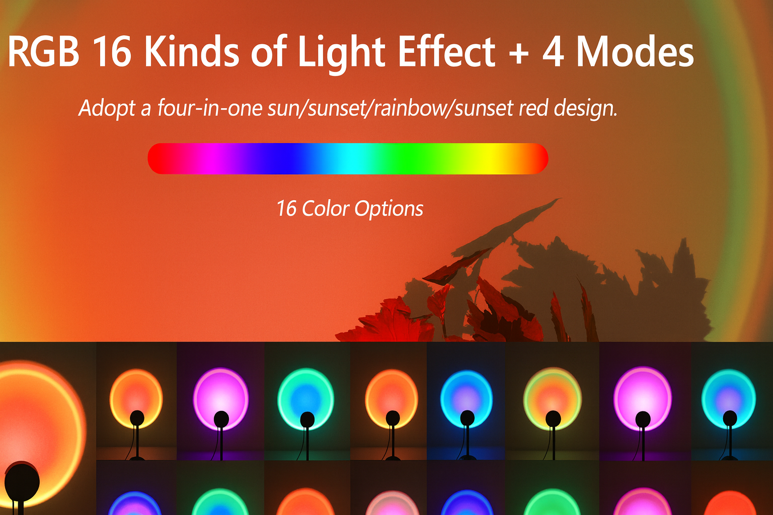 RGB sunset projection lamp with 16 color options displayed with a gradient color bar.