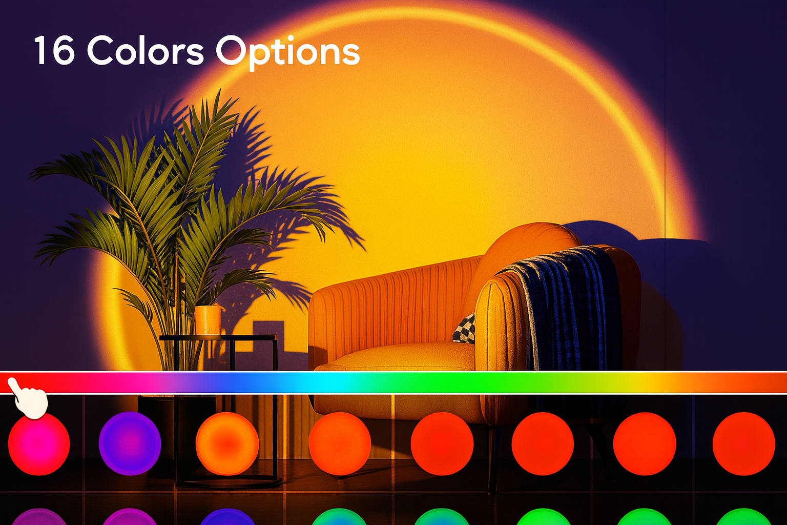 Sunset projection lamp displaying multiple colorful lighting modes with a scenic background.