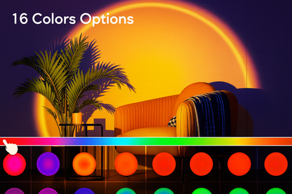 Sunset projection lamp displaying multiple colorful lighting modes with a scenic background.