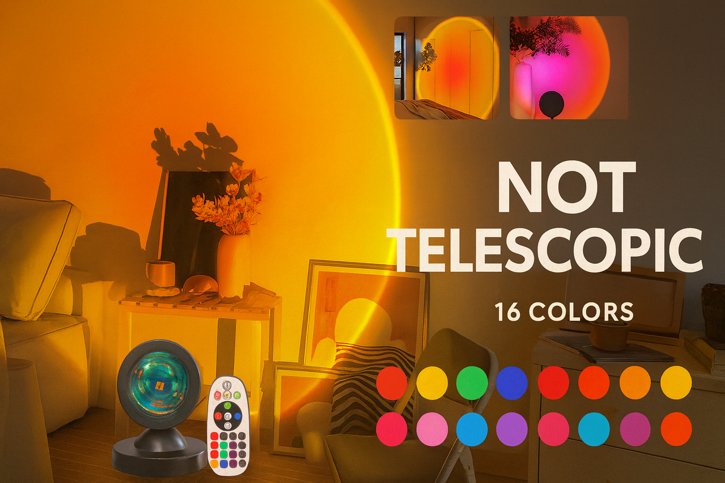 RGB sunset lamp advertisement with NOT TELESCOPIC warning text and 16 color icons.
