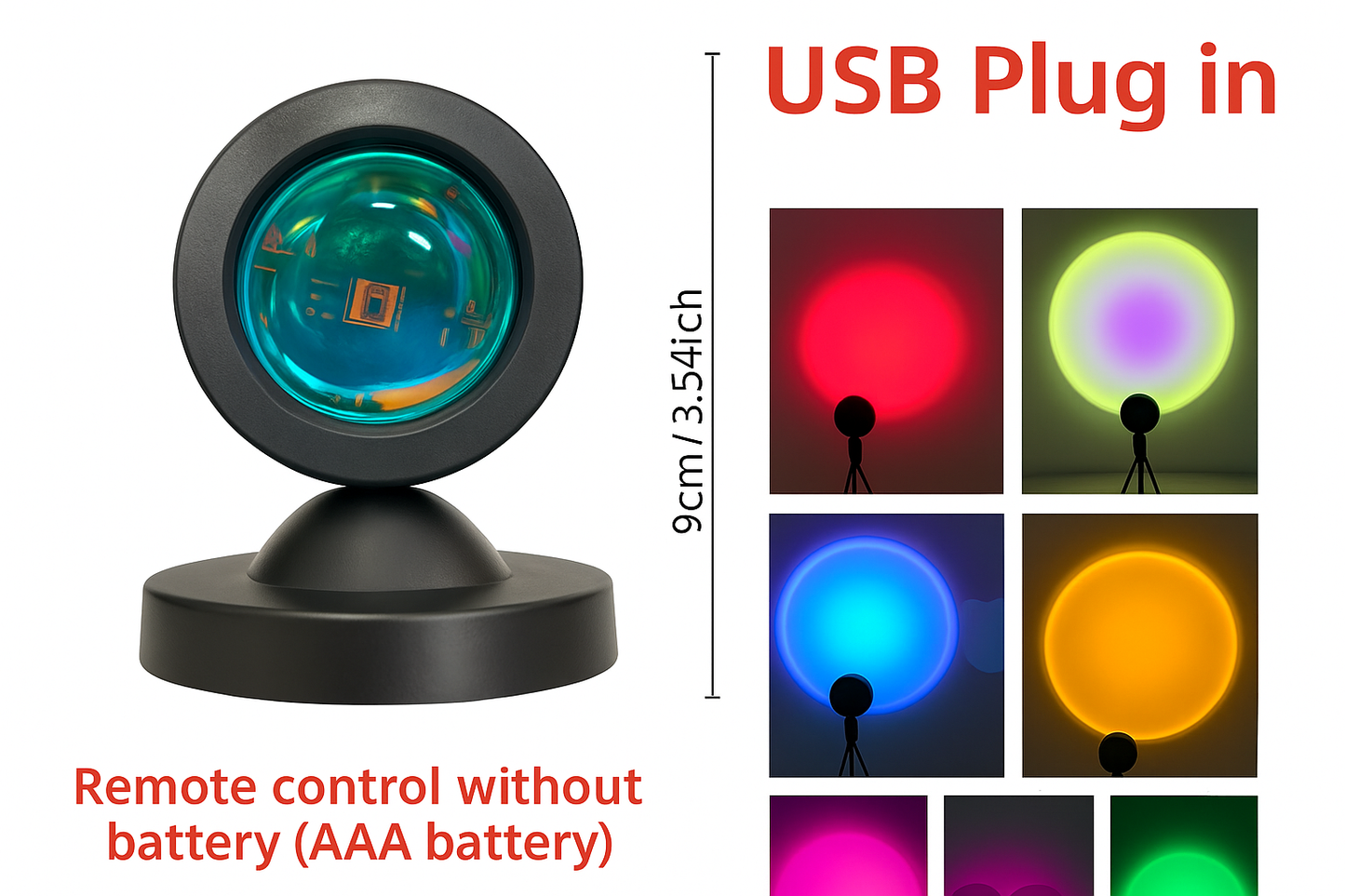 Black USB plug-in sunset projection lamp with 9cm height measurement and multi-color lighting samples