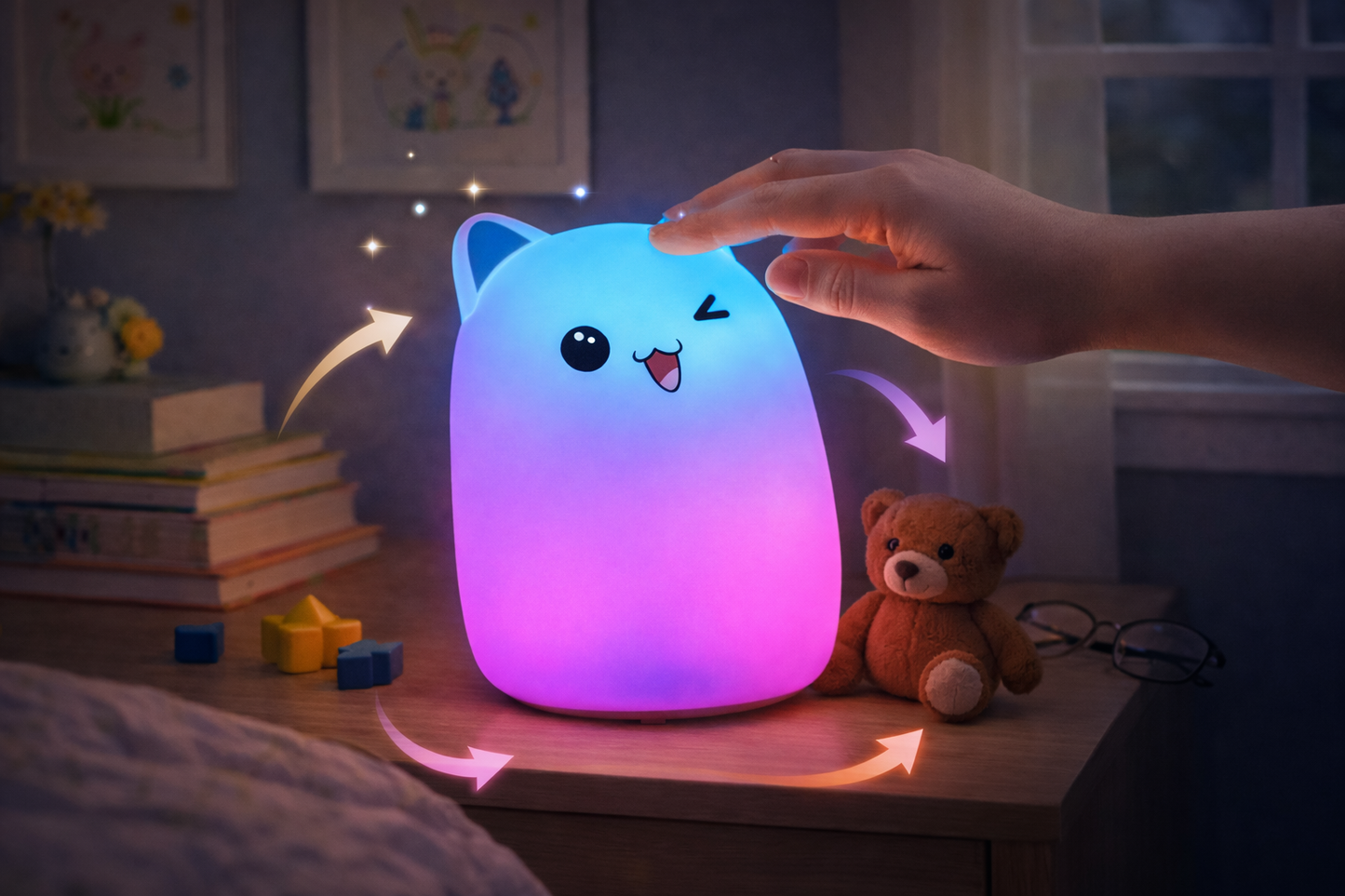 Hand tapping a color-changing silicone night light to change glowing colors