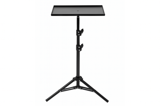 Black adjustable projector tripod stand with flat tray on a white background.