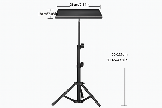 Black projector tripod stand with height adjustment measurements and 25×18cm tray dimensions displayed.