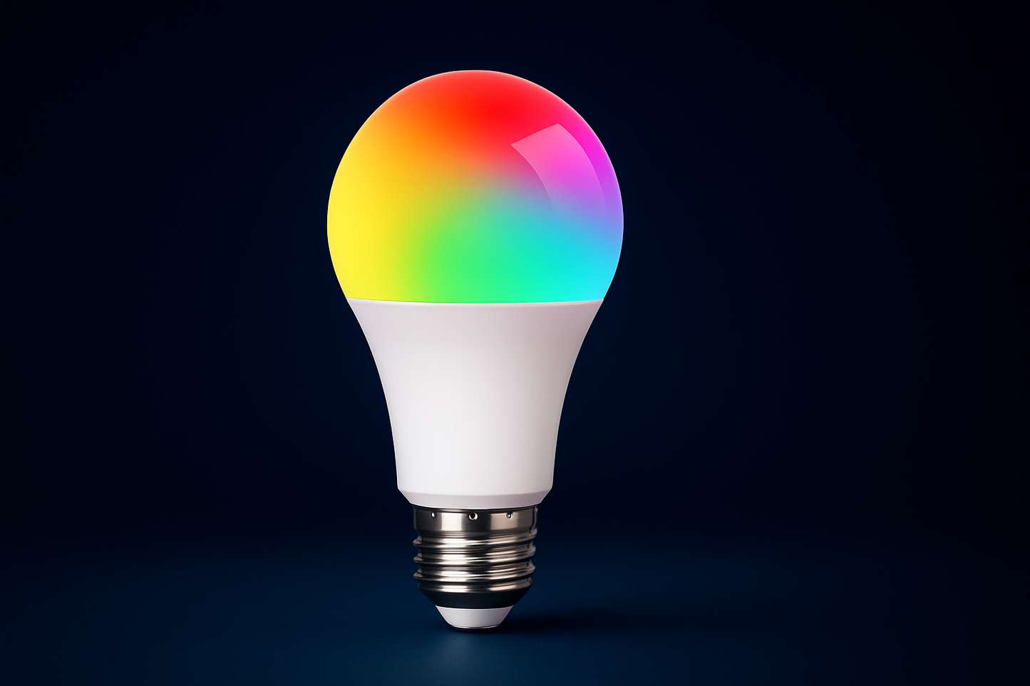 Smart RGB LED light bulb with E27 base glowing in multicolor on a dark background.